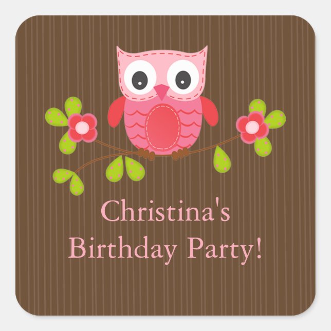 Cute Modern Owl Birthday Party Square Sticker (Front)