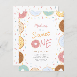 Cute Modern Pastel Doughnut Photo First Birthday Invitation Postcard
