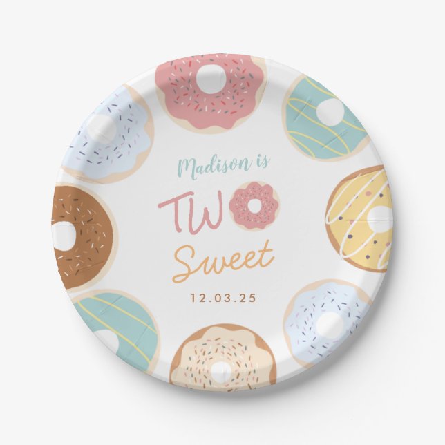 Cute Modern Pastel Doughnut Two Sweet Birthday Paper Plate (Front)