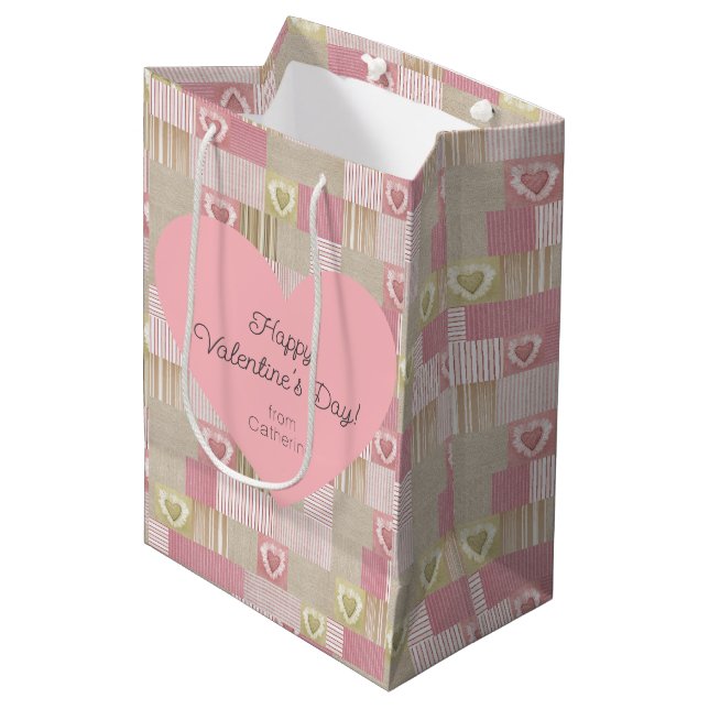 Cute Modern Patchwork Pink Heart  Medium Gift Bag (Front Angled)