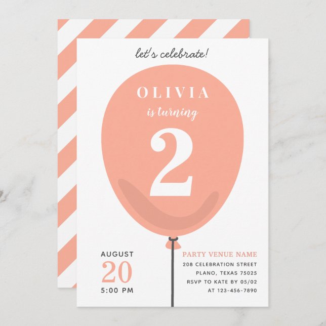 Cute Modern Peach Balloon - Girl 2nd Birthday Invitation (Front/Back)