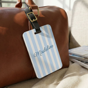 Cute Modern Personalised Coastal Blue Striped Luggage Tag