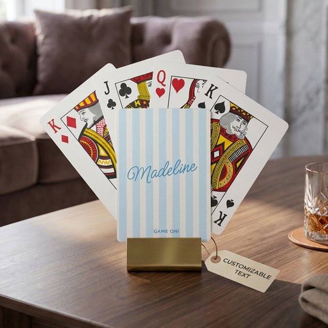 Cute Modern Personalised Coastal Blue Striped Playing Cards (Personalized playing cards with soft blue and white vertical stripes and a custom name in script.)