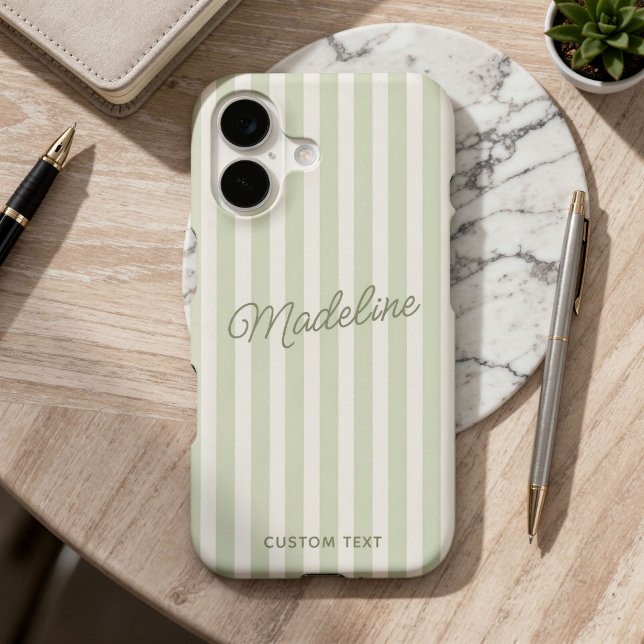Cute Modern Personalised Coastal Sage Striped (Personalized phone case with soft sage green and white vertical stripes and your custom name)