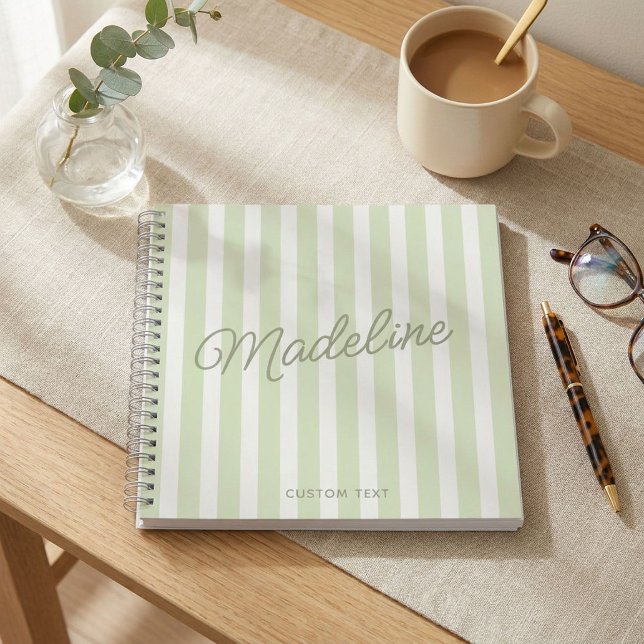 Cute Modern Personalised Sage Green Striped Notebook (Personalized spiral notebook with soft sage green and white vertical stripes.)