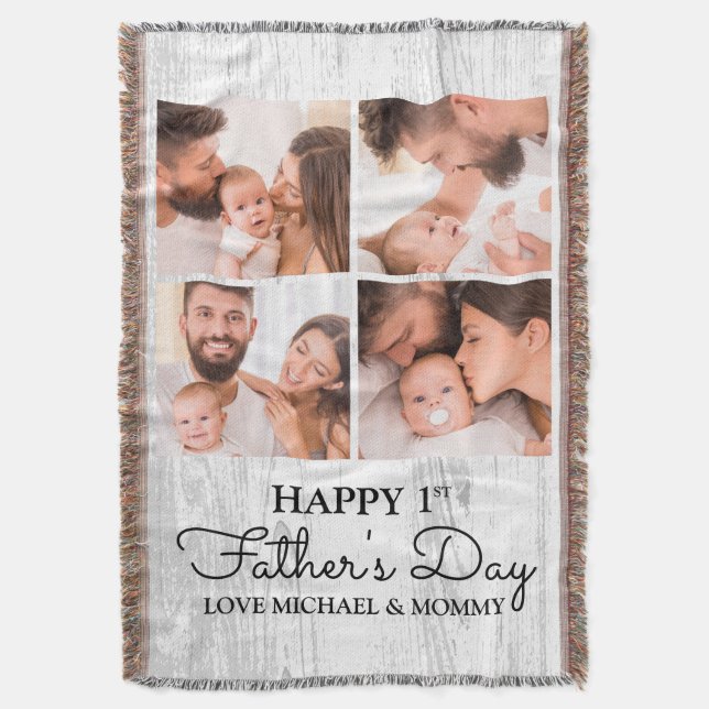 Cute Modern Photo Collage Happy First Fathers Day Throw Blanket (Front Vertical)