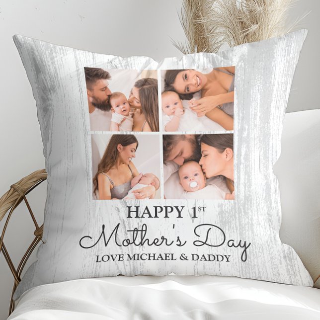 Cute Modern Photo Collage Happy First Mothers Day Cushion (Cute Modern Photo Collage Happy First Mothers Day Throw Pillow)