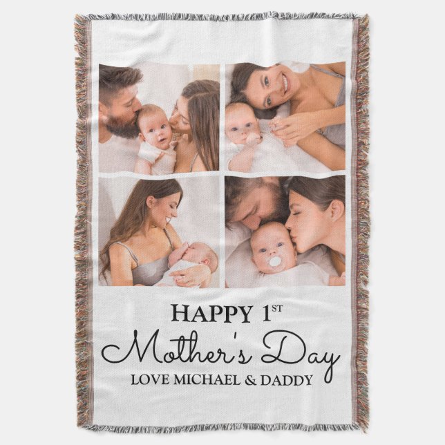 Cute Modern Photo Collage Happy First Mothers Day Throw Blanket (Front Vertical)