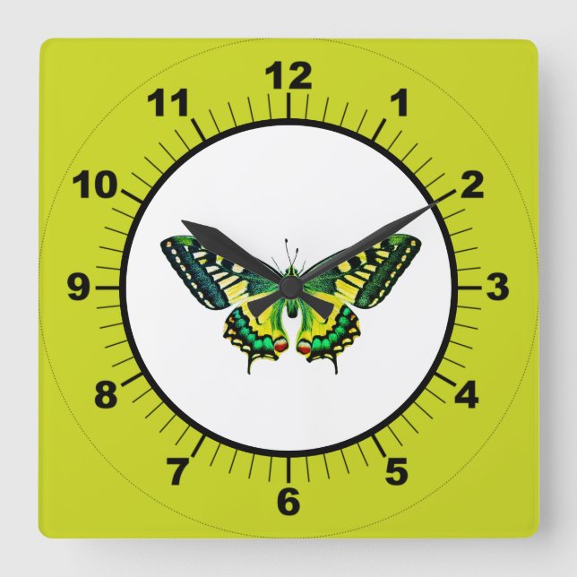 Cute Modern Photography Butterfly Green Square Wall Clock (Front)