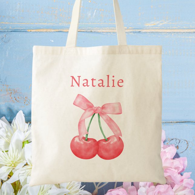 Cute Modern Pink Bow Cherry Kids Tote Bag (Creator Uploaded)