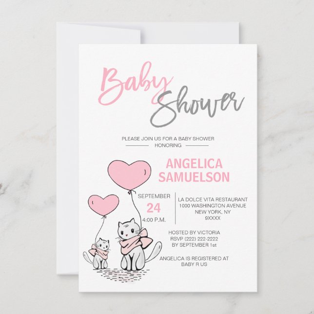 Cute Modern Pink Cat Kitten Girls Baby Shower Invitation (Front)
