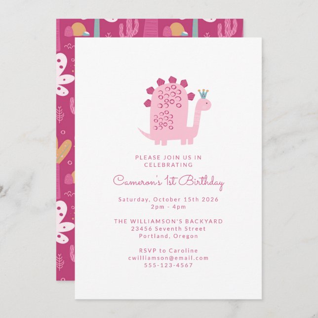 Cute Modern Pink Dinosaur 1st Birthday Invitation (Front/Back)