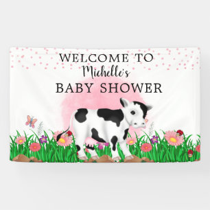 Cute Modern Pink Floral Cow Baby Shower Banner