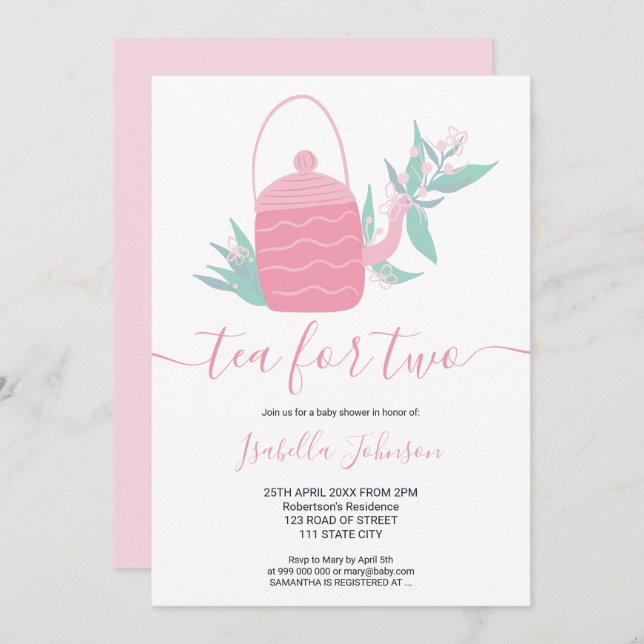 Cute modern pink floral tea for two baby shower invitation (Front/Back)