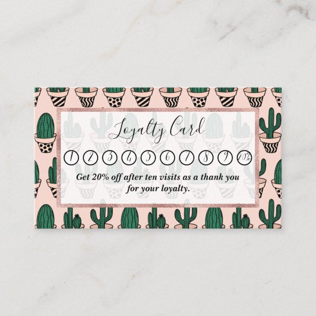 Cute Modern Pink Green Potted Cactus Pattern Loyalty Card (Front)