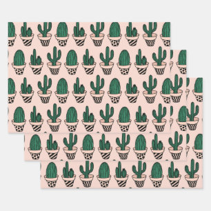 Cute Modern Pink Green Potted Cactus Pattern Wrapping Paper Sheet