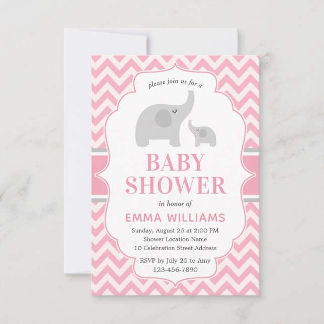 Cute Modern Pink Grey Elephant Girl Baby Shower Invitation (Front)