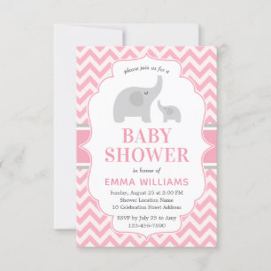 Cute Modern Pink Grey Elephant Girl Baby Shower Invitation