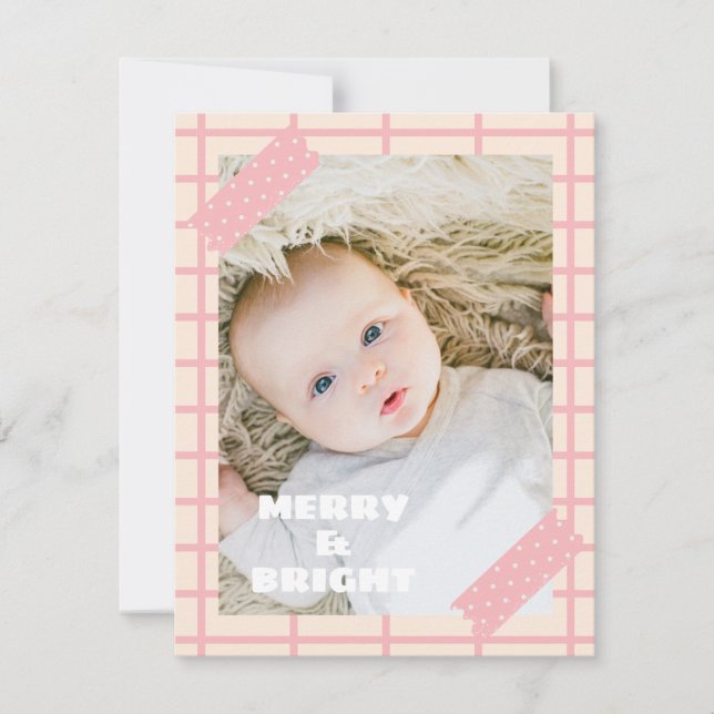 Cute Modern Pink Merry and Bright Christmas Photo Holiday Card (Front)