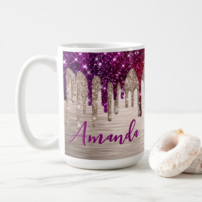 Cute modern Pink red Glitter Drips monogram Coffee Mug (With Donut)