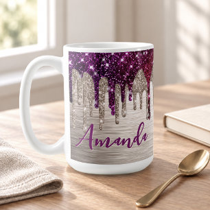Cute modern Pink red Glitter Drips monogram Coffee Mug
