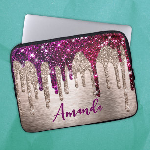 Cute modern Pink red Glitter Drips monogram Laptop Sleeve
