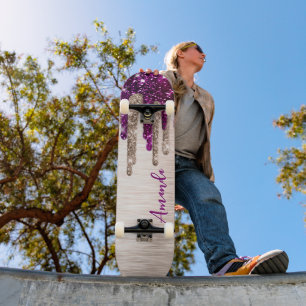 Cute modern Pink red Glitter Drips monogram Skateboard
