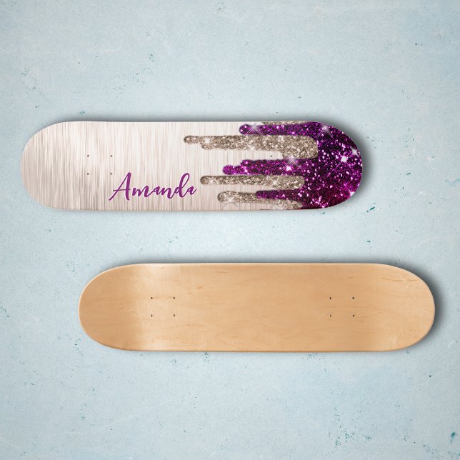Cute modern Pink red Glitter Drips monogram Skateboard (Creator Uploaded)