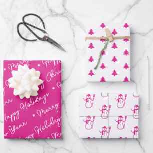 Cute Modern Pink Snowman Christmas Trees Script Wrapping Paper Sheet