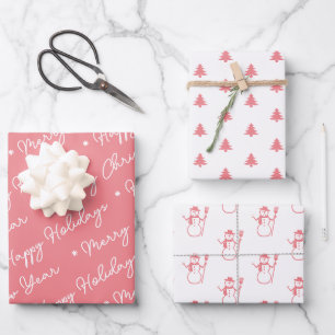 Cute Modern Pink Snowmen Christmas Trees Script  Wrapping Paper Sheet