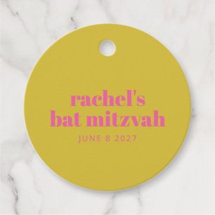 Cute Modern Pink Yellow Bat Mitzvah Personalised Favour Tags