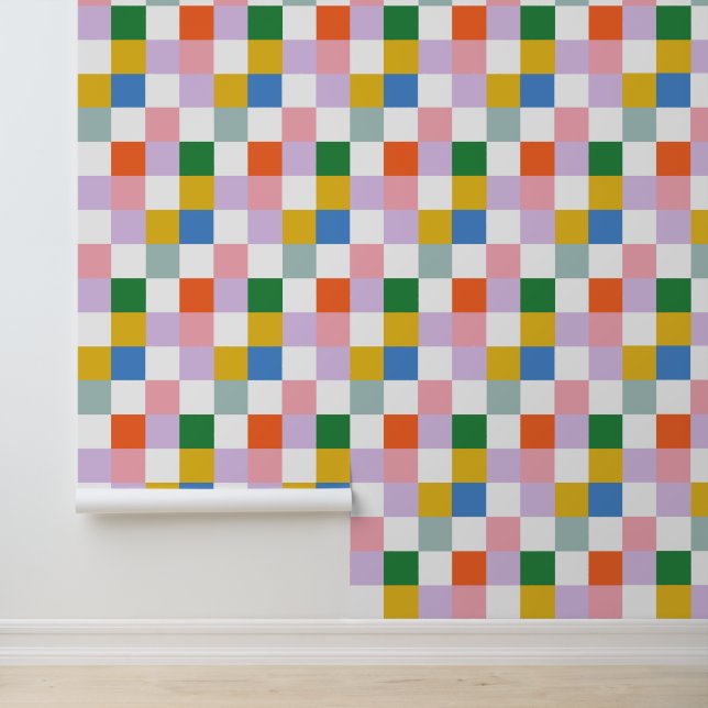 Cute Modern Playful Colourful Check Pattern Wallpaper (Application)