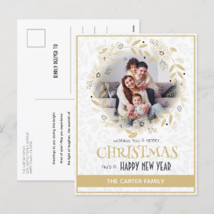 Cute Modern Poinsettia Gold Christmas Wreath Photo Holiday Postcard