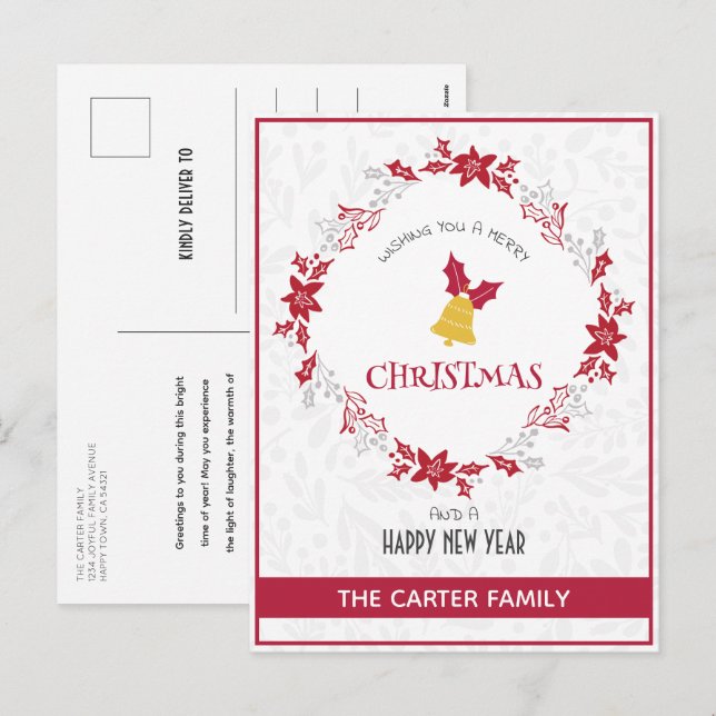 Cute Modern Poinsettia Red Christmas Wreath Holiday Postcard (Front/Back)