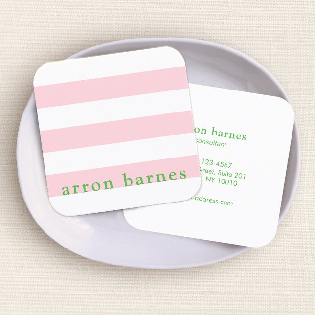 Cute Modern Preppy Pink Green Striped Square Business Card (Creator Uploaded)