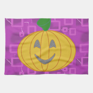 Cute Modern Pumpkin on Purple Geometric Tea Towel