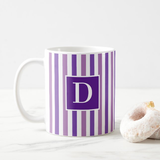 Cute Modern Purple and White Striped Initial Coffee Mug (With Donut)