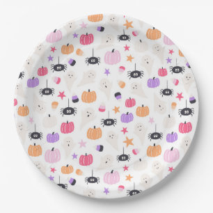 Cute Modern purple pumpkin and spider Halloween Paper Plate