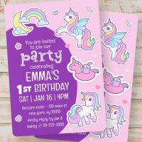 Cute Modern Rainbow Unicorns Kid's Birthday Party
