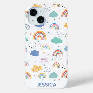 Cute Modern Rainbows & Clouds Pattern Personalised iPhone 15 Case