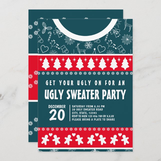 Cute Modern Red and Blue Ugly Sweater Xmas Party Invitation (Front/Back)