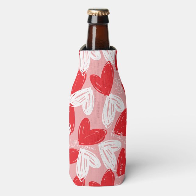 Cute Modern red and white hearts pattern Bottle Cooler (Bottle Front)