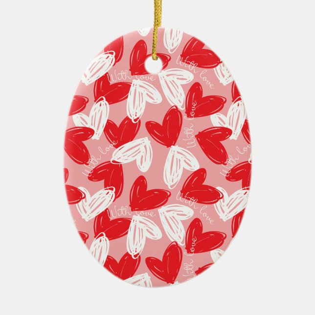 Cute Modern red and white hearts pattern Ceramic Ornament (Front)