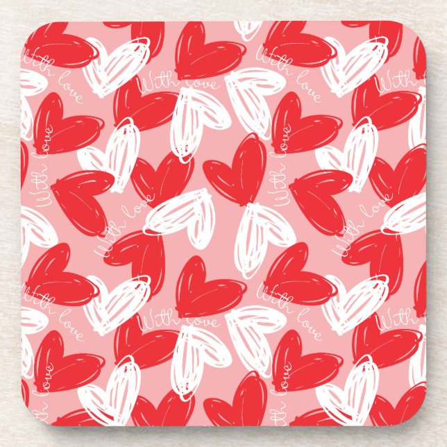 Cute Modern red and white hearts pattern Coaster (Front)