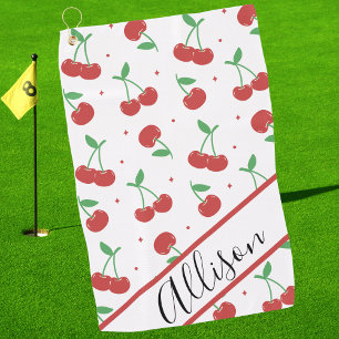 Cute Modern Red Cherries Elegant Monogrammed Golf Towel