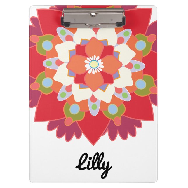 Cute Modern Red Floral Lotus Mandala Personalised Clipboard (Front)