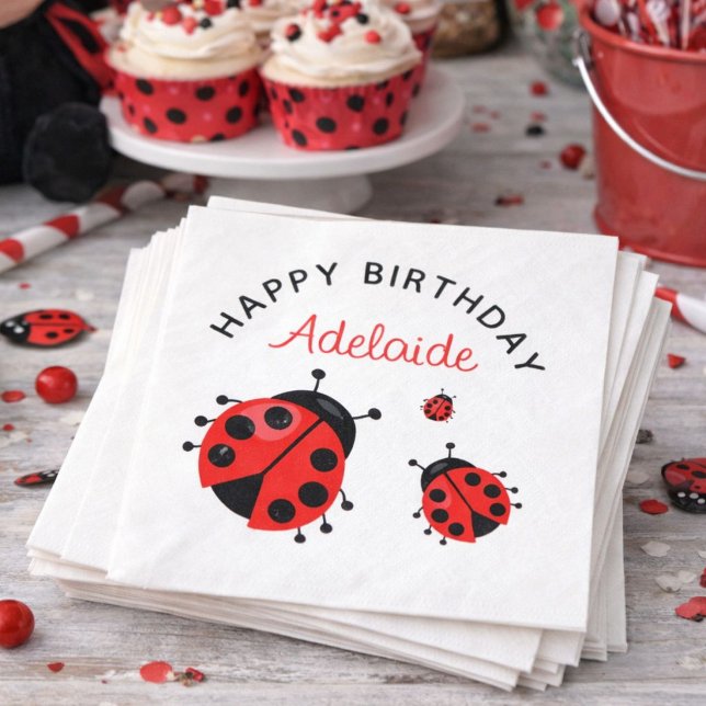 Cute Modern Red Ladybug Happy Birthday Custom Napkin (Creator Uploaded)