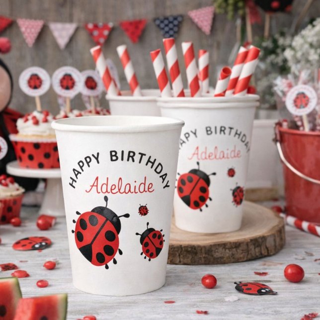 Cute Modern Red Ladybug Happy Birthday Custom Paper Cups (Creator Uploaded)