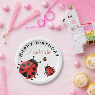 Cute Modern Red Ladybug Happy Birthday Custom Paper Plate