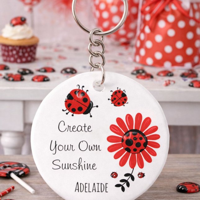 Cute Modern Red Ladybug Personalised Name Key Ring (Creator Uploaded)